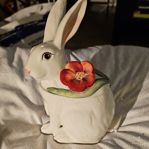 Fitz and Floyd Ceramic Rabbit with Red Flower Accent